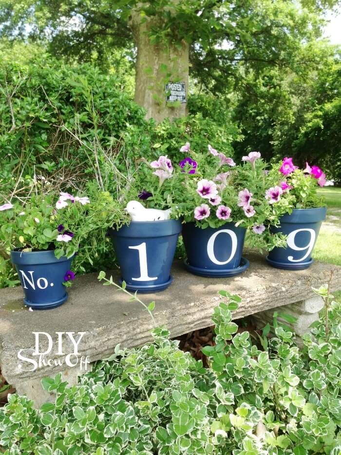 Lush Garden with Numbered Flower Pots