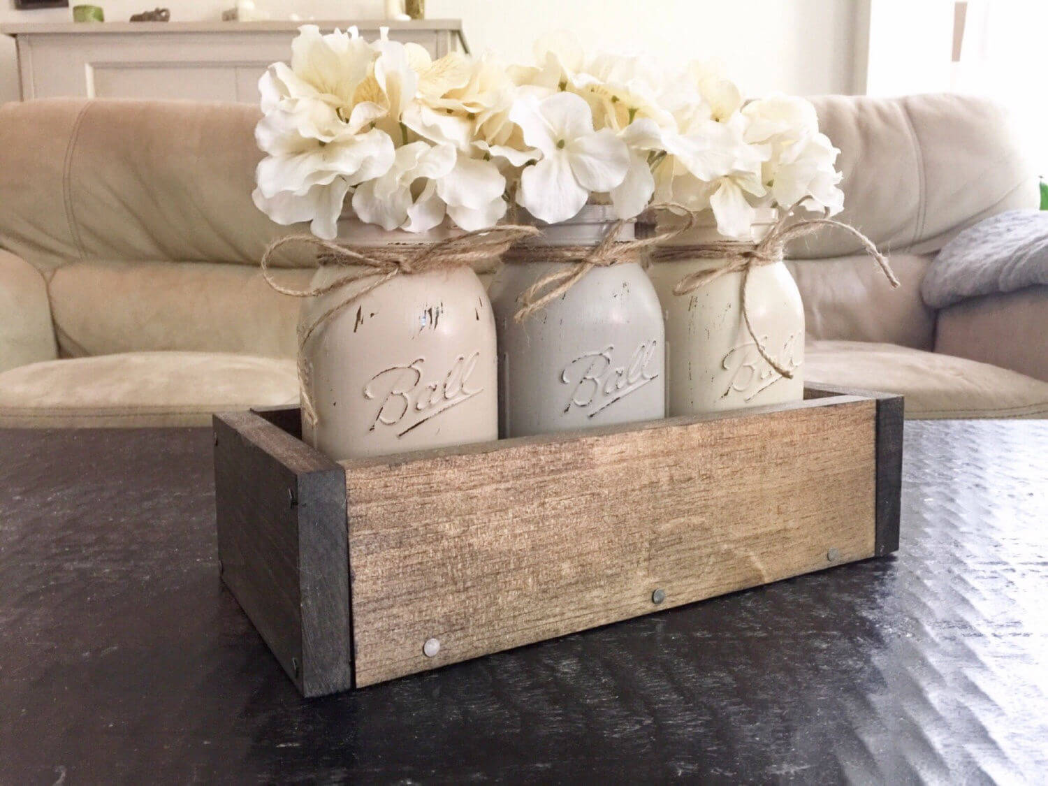 Wooden Box and Painted Mason Jar Centerpiece