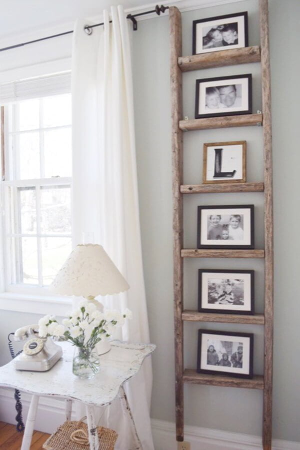 Antique Wooden Ladder Photo Display