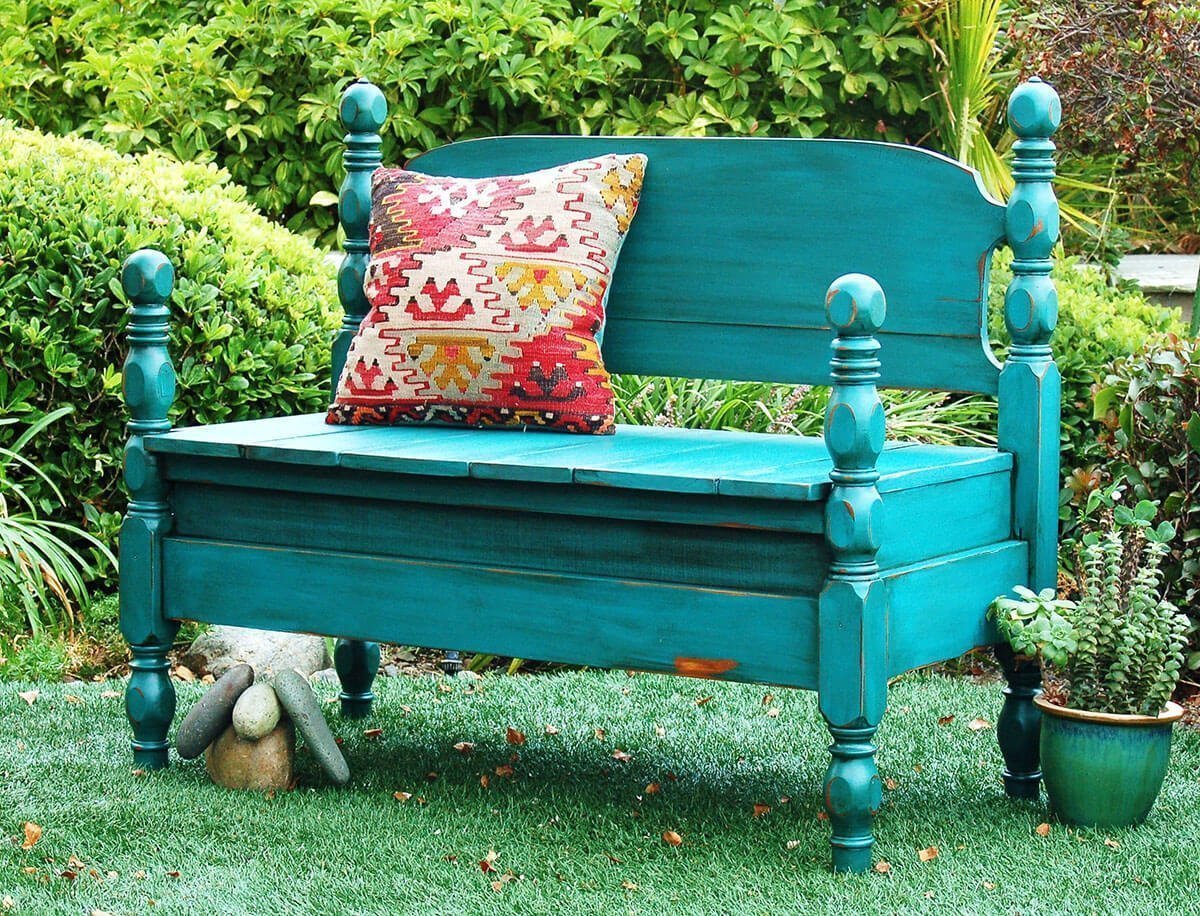 Four-Poster Splash-Of-Color Up-Cycled Head-Board Bench