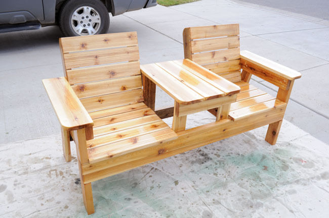 Cabin Style Double Chair Bench with Built-In Shared Table