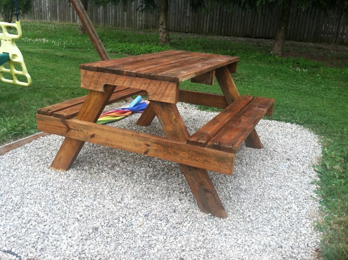 Mahogany Stained Picnic Table on White Pebbles
