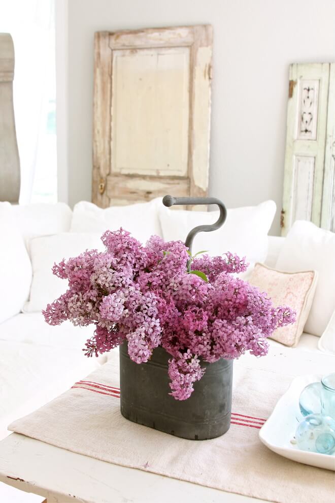 Lilac Flower Centerpiece in a Tin Bucket