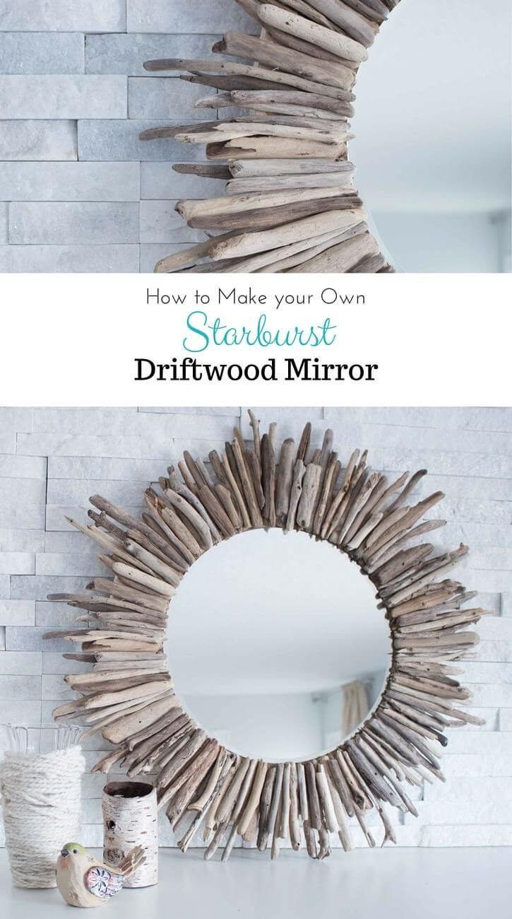 Round Mirror Designed with Pieces of Driftwood