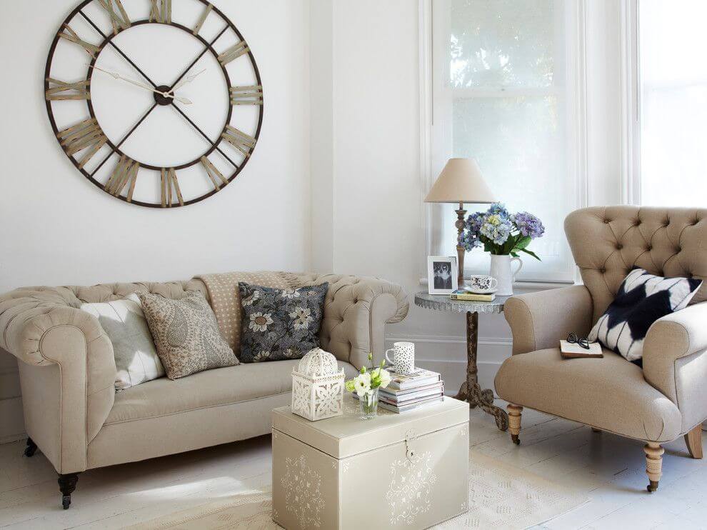 Polished Country Living Room with Tufted Seating