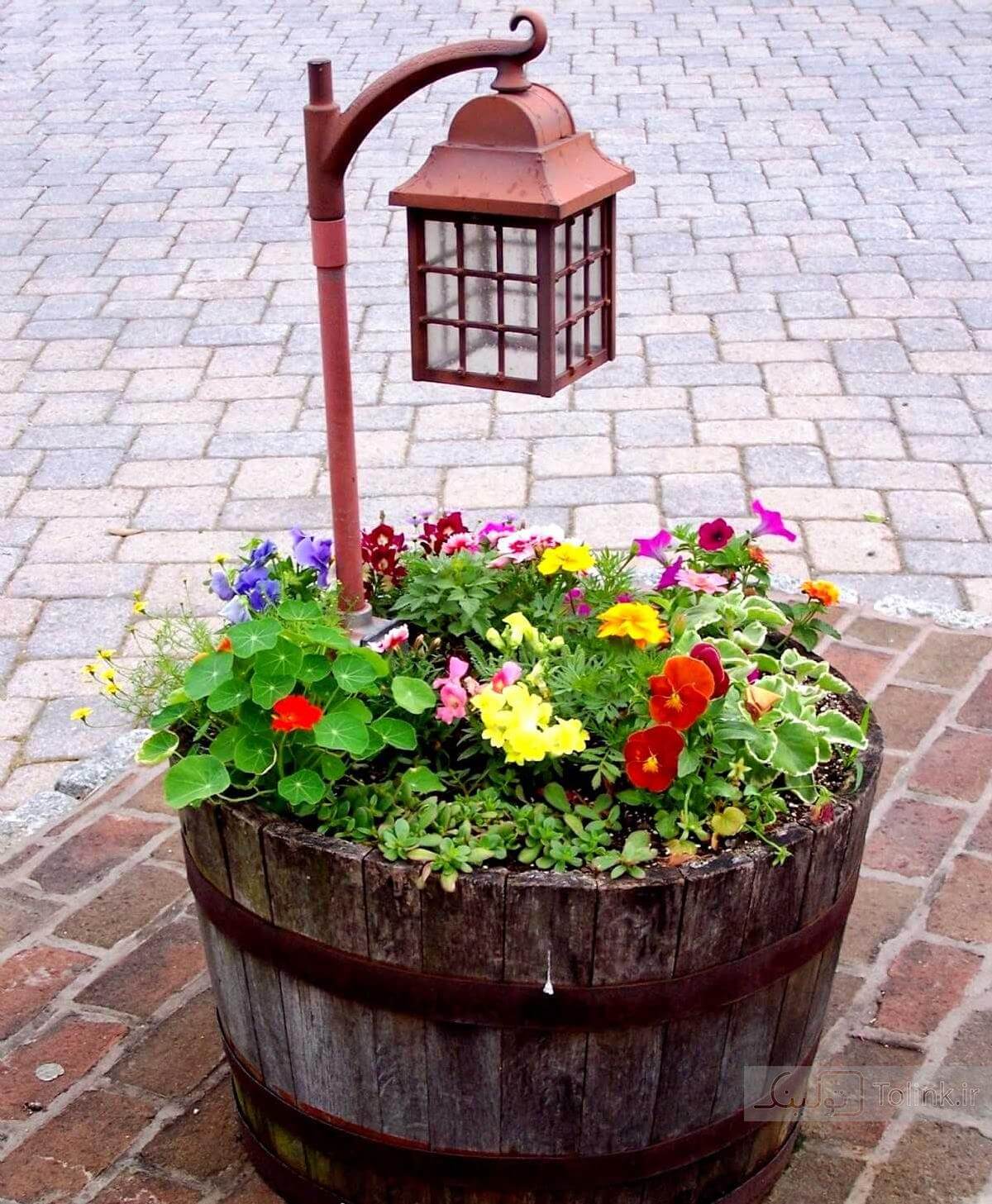 Kinkade Lantern Wine Barrel Planter