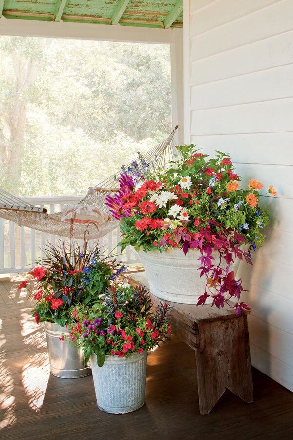 Antique Whitewashed Metal Porch Planters