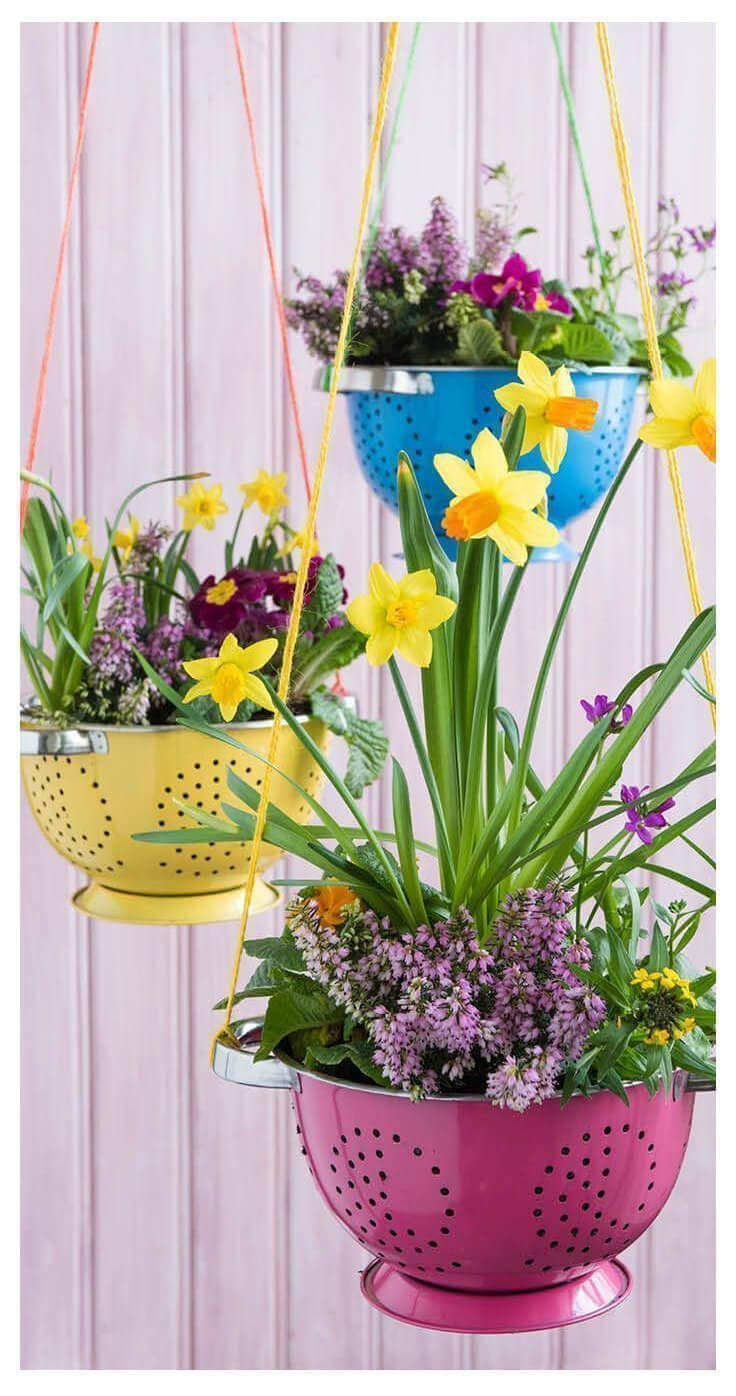 Colorful Colander Springtime Hanging Planters