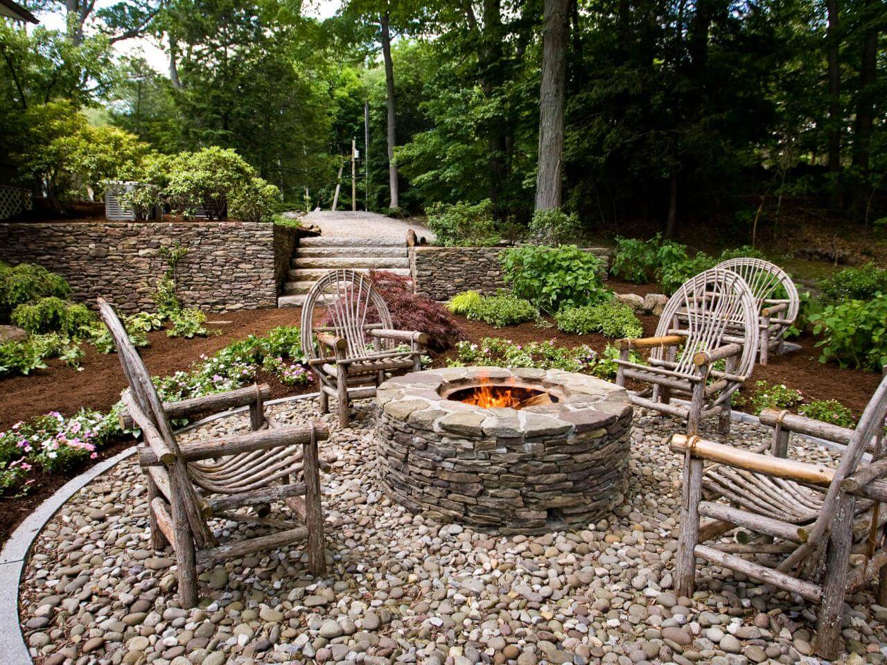 Wooden Seats Around a Stone Firepit