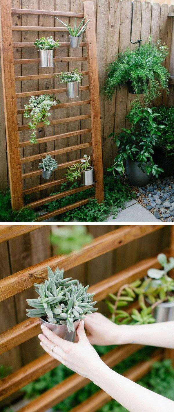 Modern Wooden Planting Wall with Metal Pots