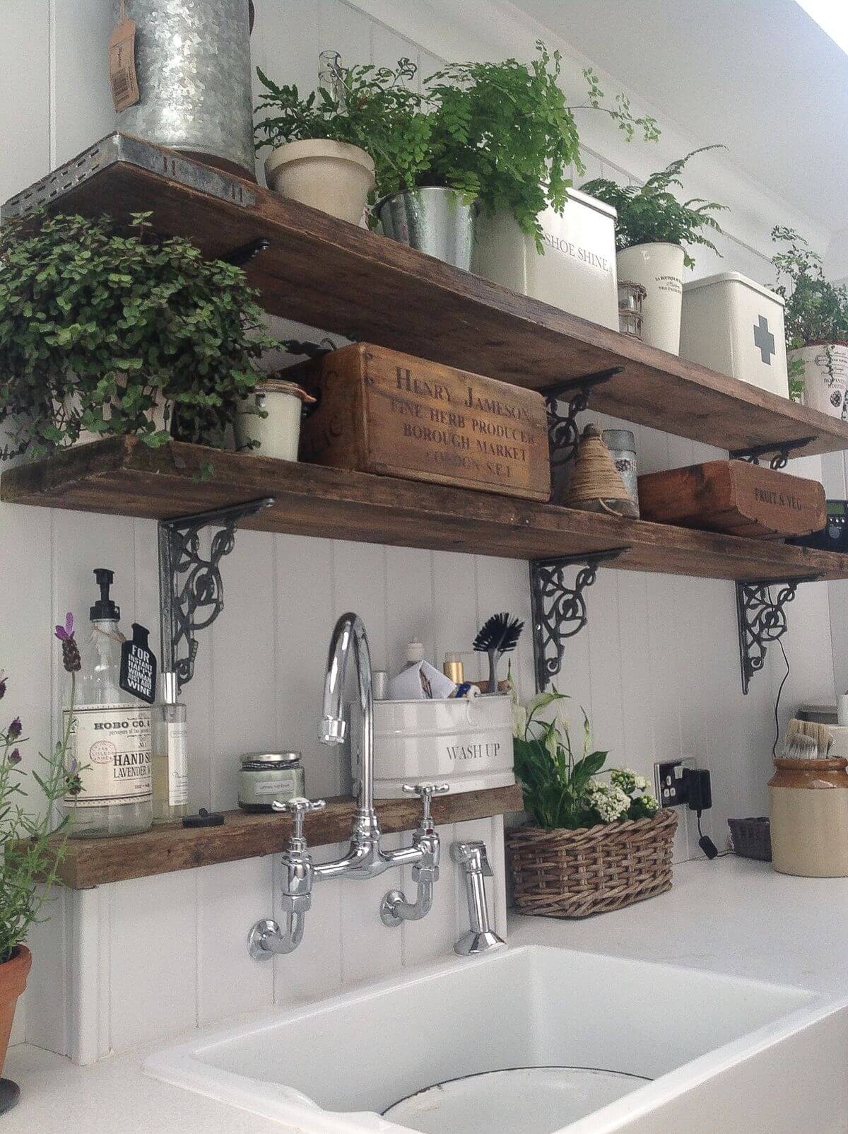 Rustic Wooden Kitchen Shelves with Potted Ferns
