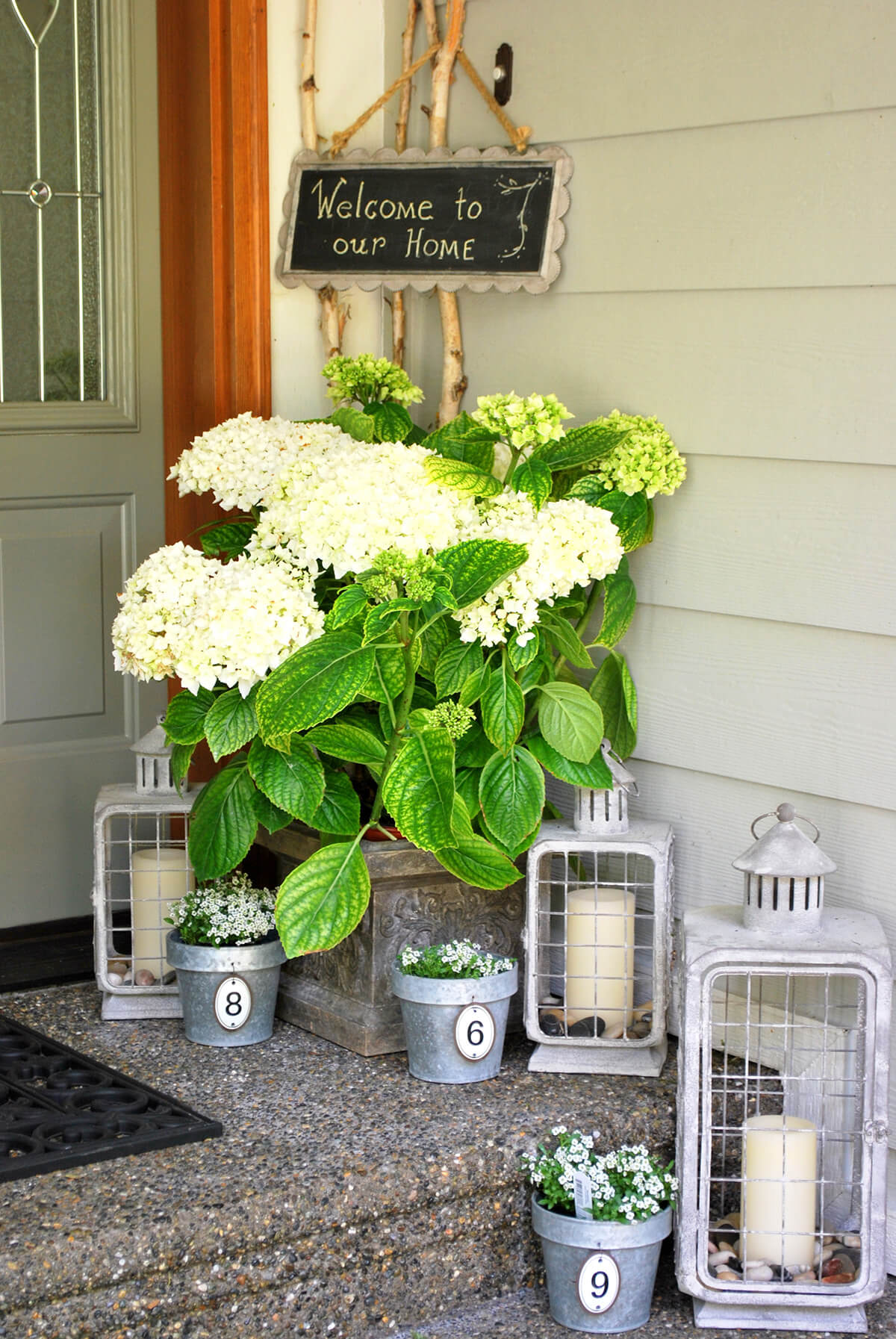 Potted Hydrangea Entryway Display with Lanterns