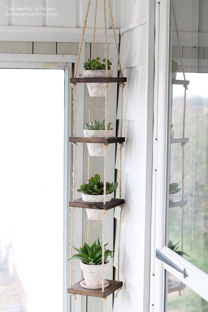 DIY Wood and Twine Hanging Succulent Tower