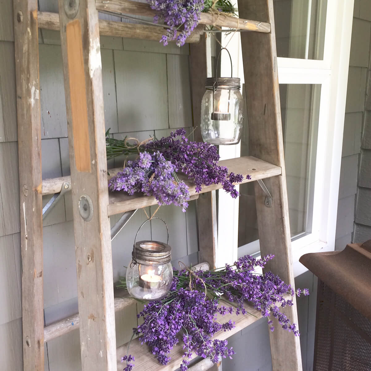 Lavender Province Stripped Ladder With Mason Lanterns