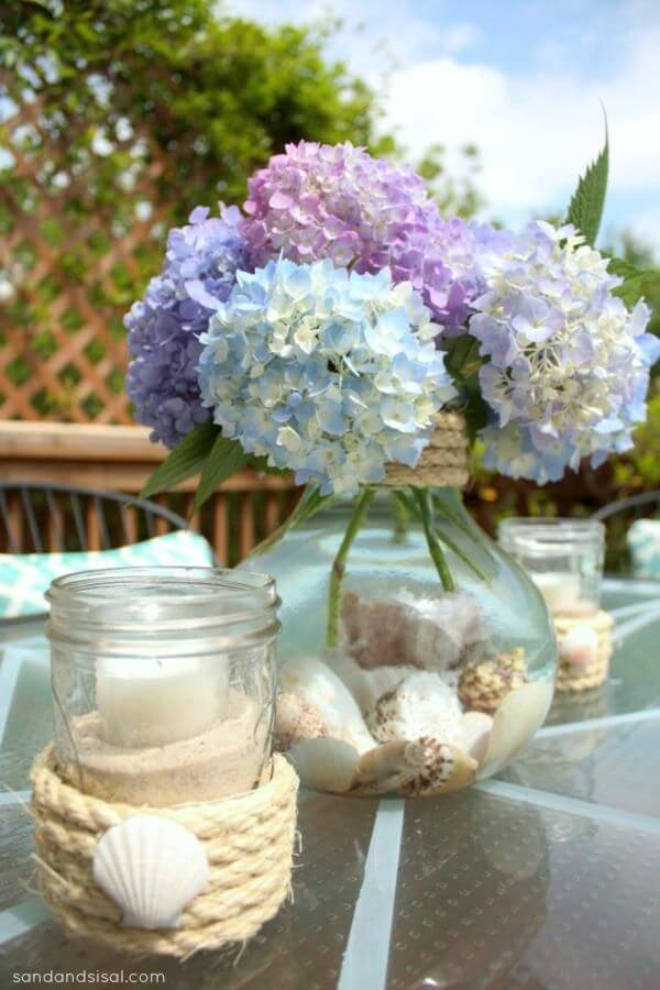 Decoración de Hortensias y Conchas marinas Inspirada en la Costa