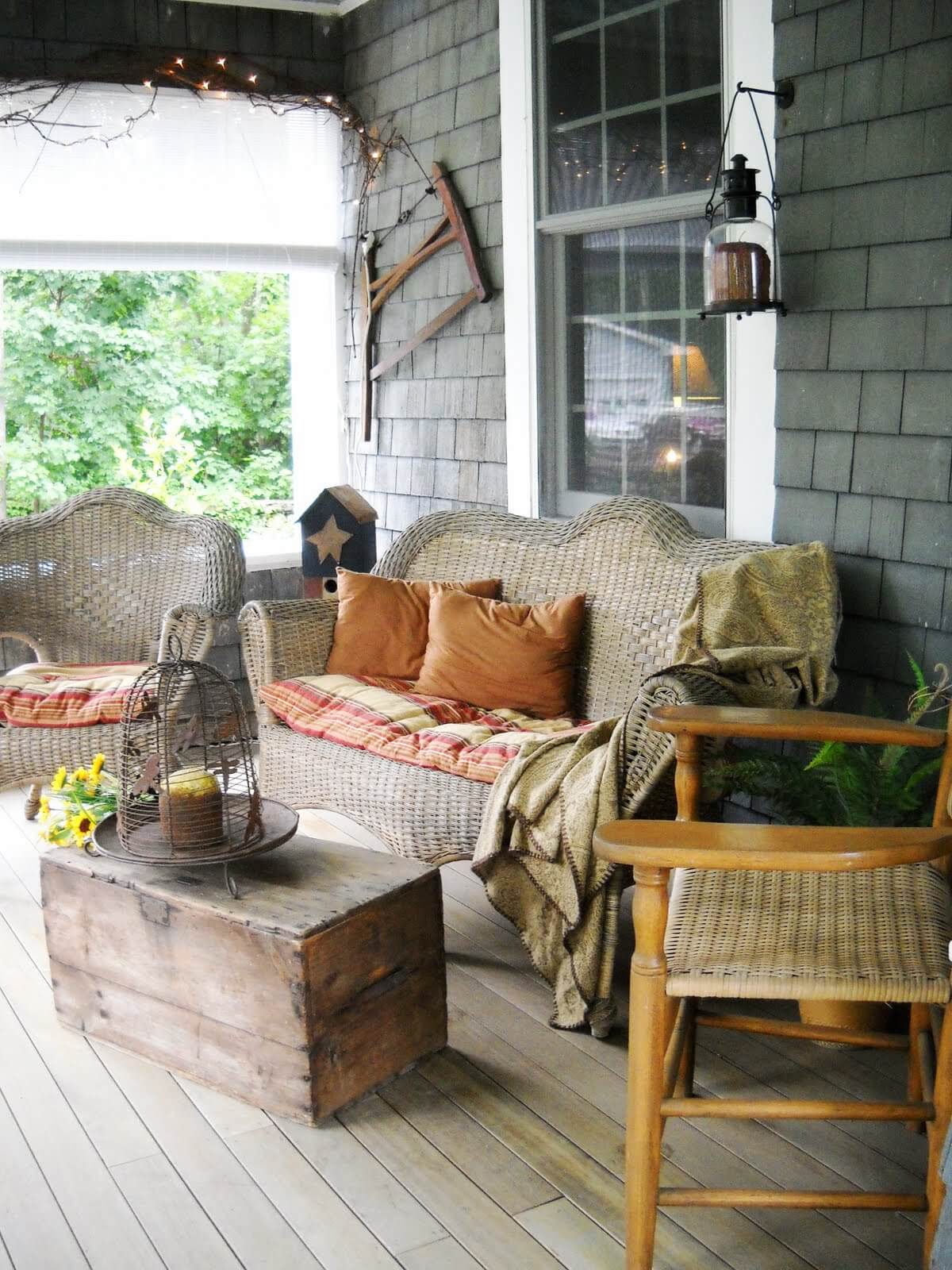 Mountain Cabin Woven Porch Furnishings With Antique Crate Table