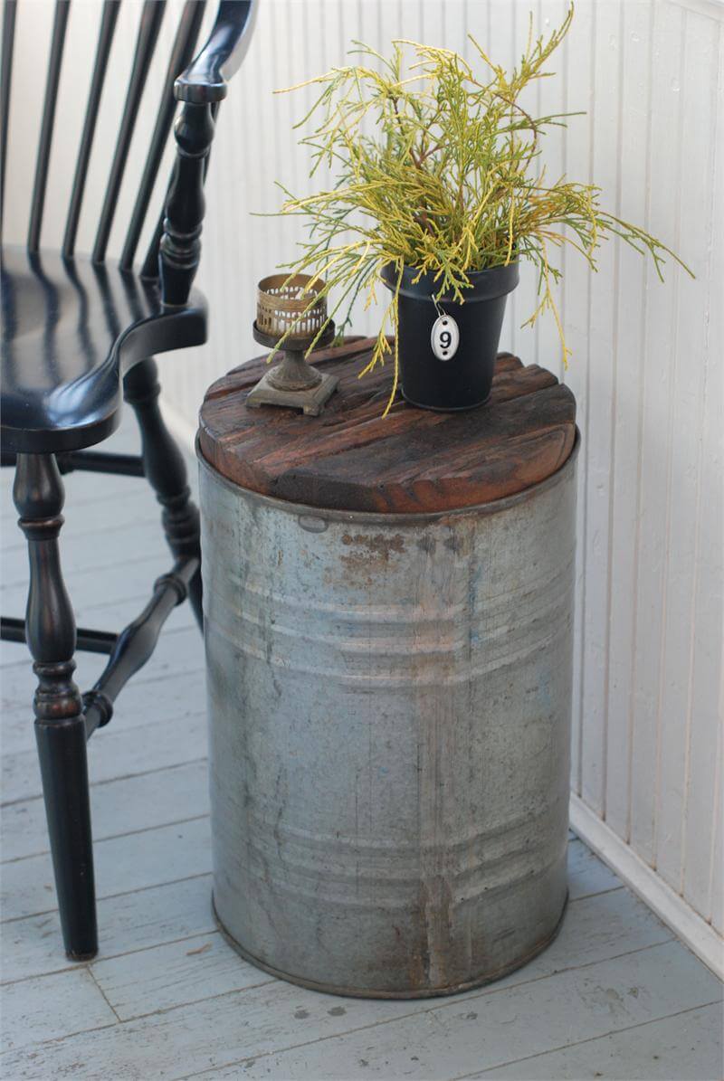 Rustic Tin Pail Wood-Top Table