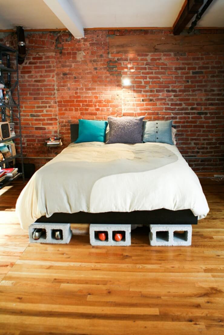 Cinder Block Platform Bed with Built in Shoe Storage