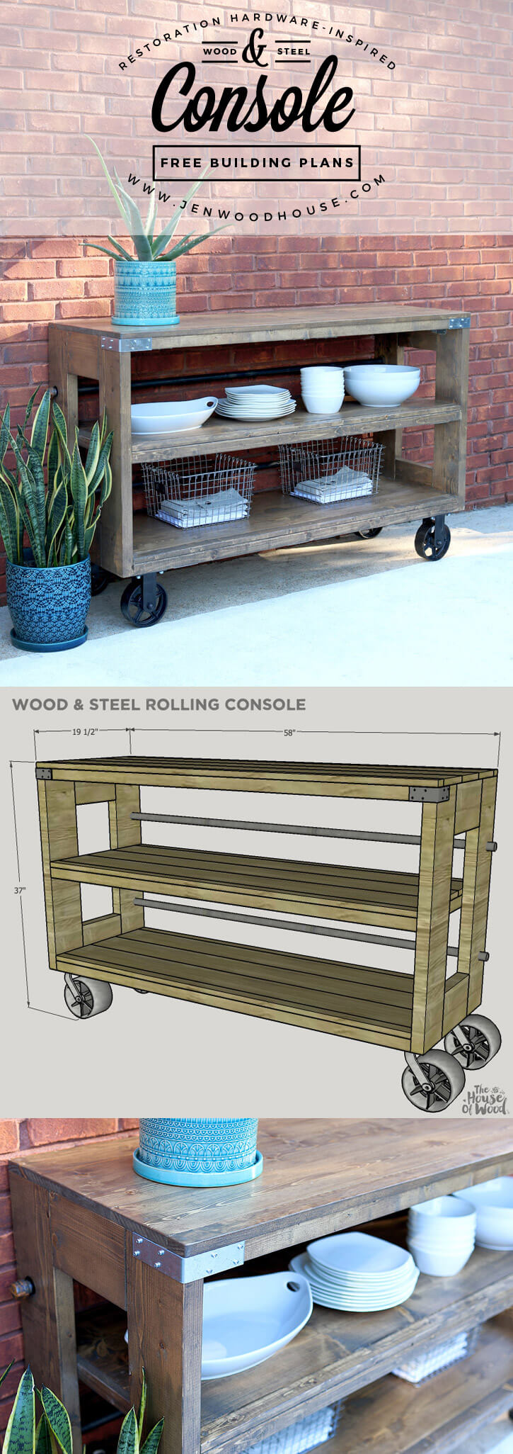 Rustic Wood and Steel Rolling Console