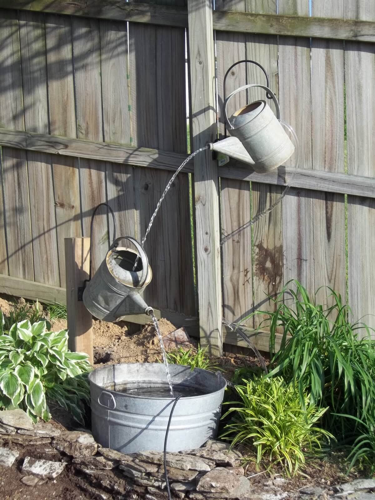 Whimsical Floating Watering Cans Water Feature
