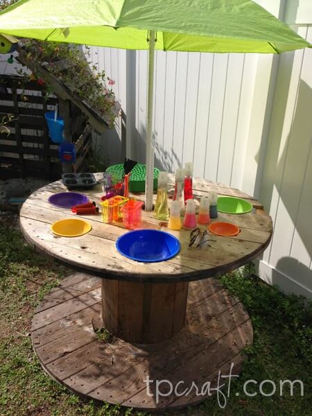 Recycled Cable Spool Umbrella Stand and Table