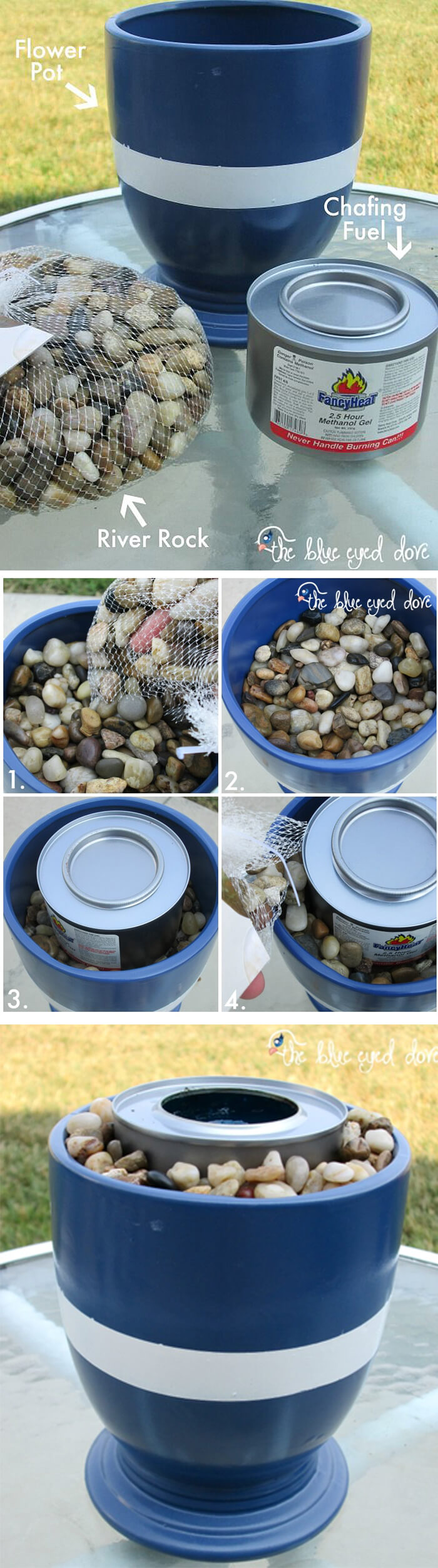 Blue Planter Fire Bowl with River Rocks