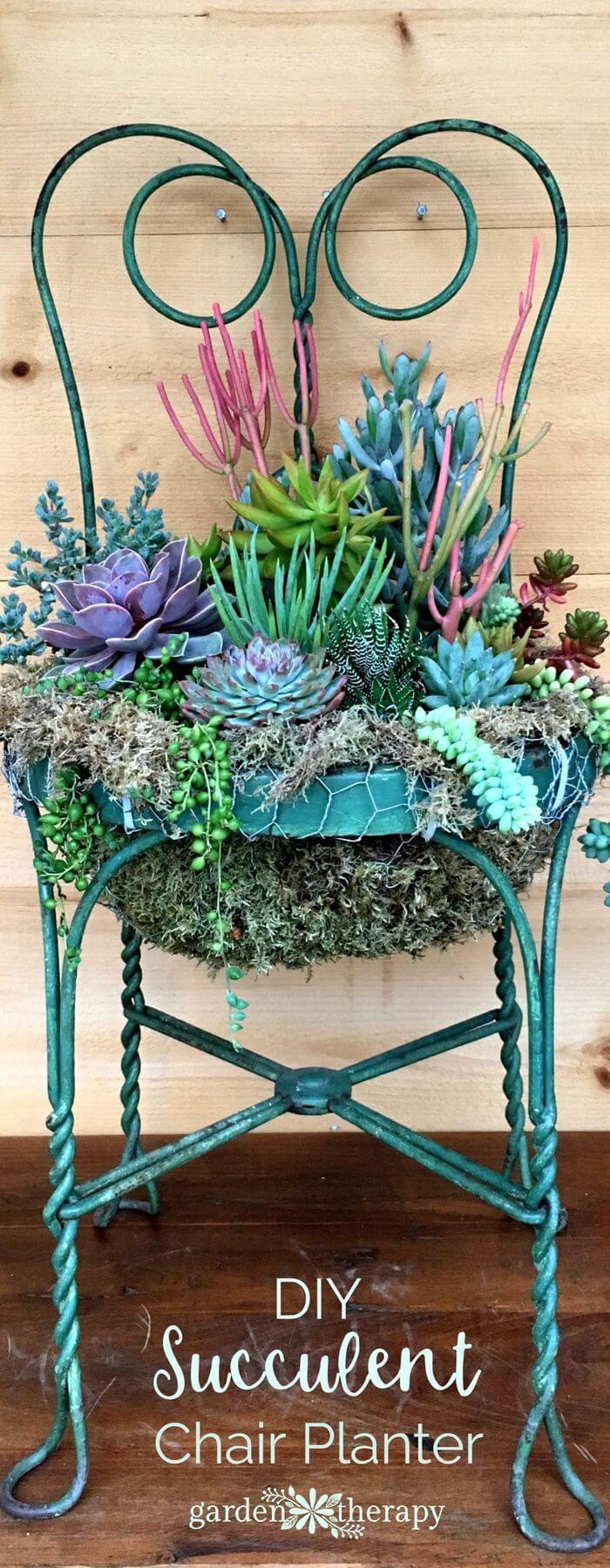 A Chair Planter with Brightly Colored Flowers