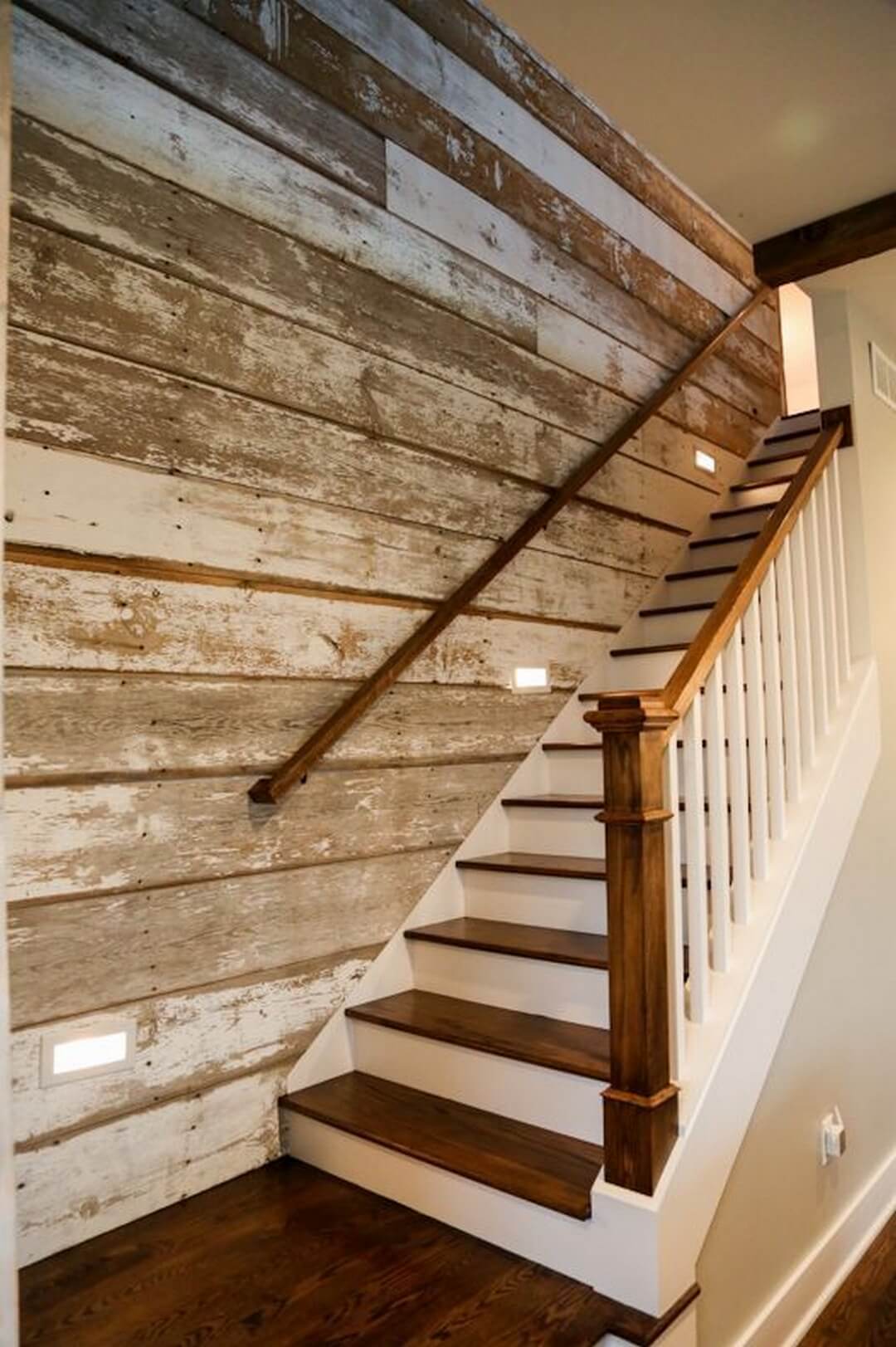 Rustic Paneled Wall Meets Classic Wood Staircase