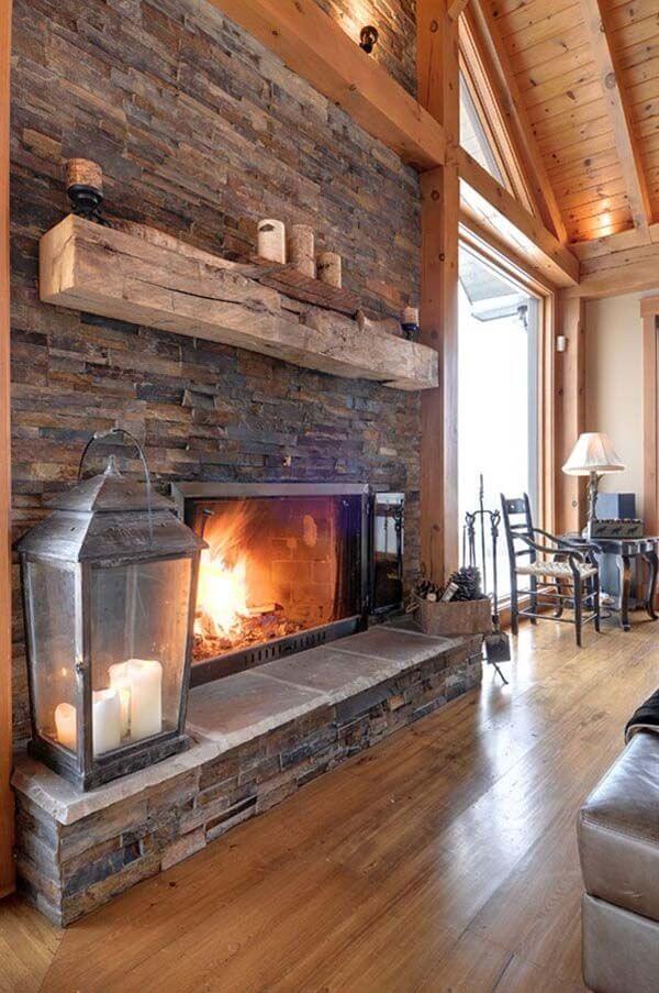 Stacked Field Stone and Heavy Timber Mantle