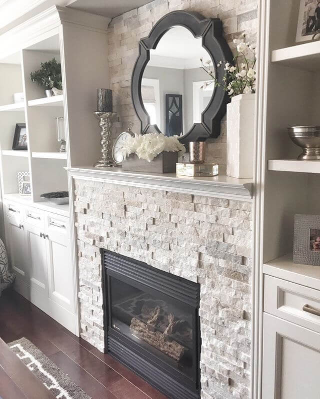 Gas Fireplace Blends with Built-In Shelves