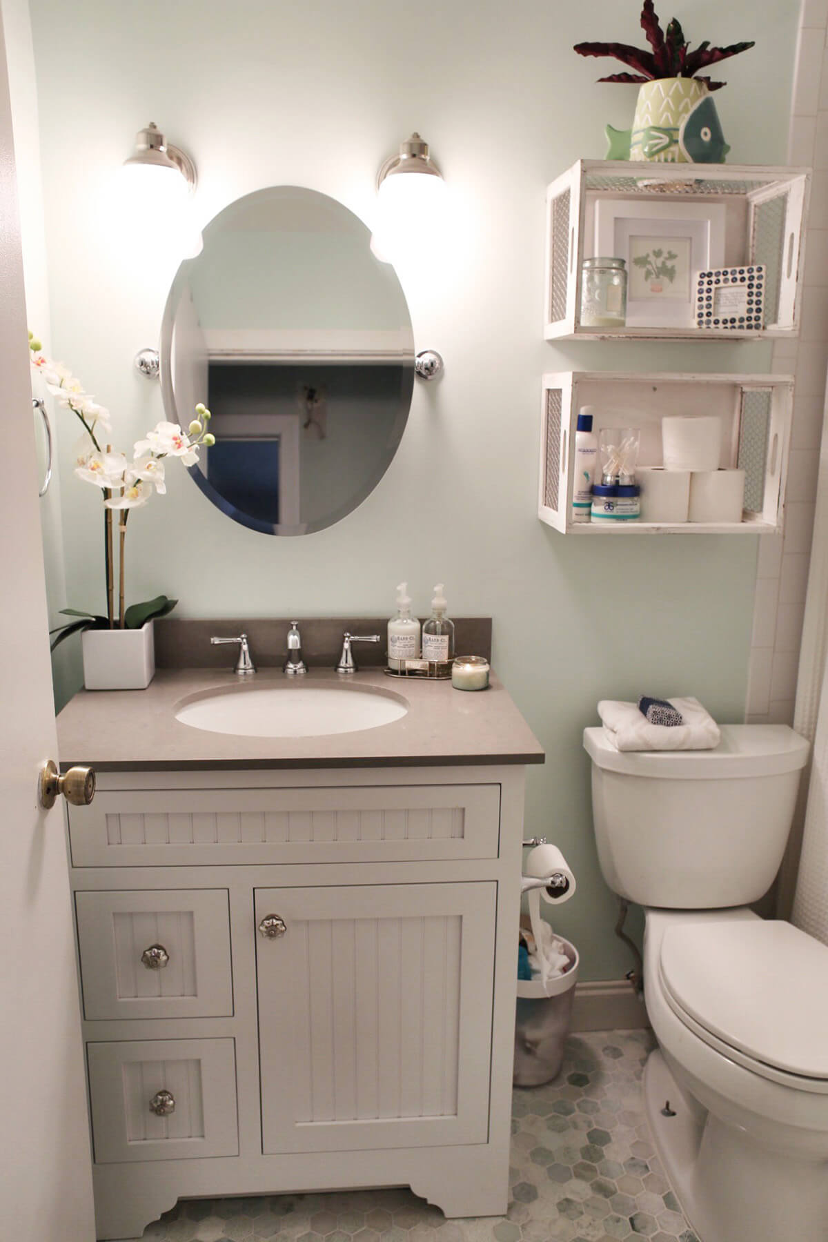 Repurposed Wood Crate Bathroom Shelves