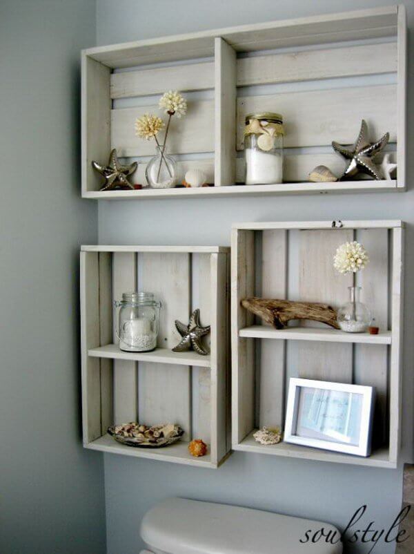 Repurposed Wood Crate Storage Shelves