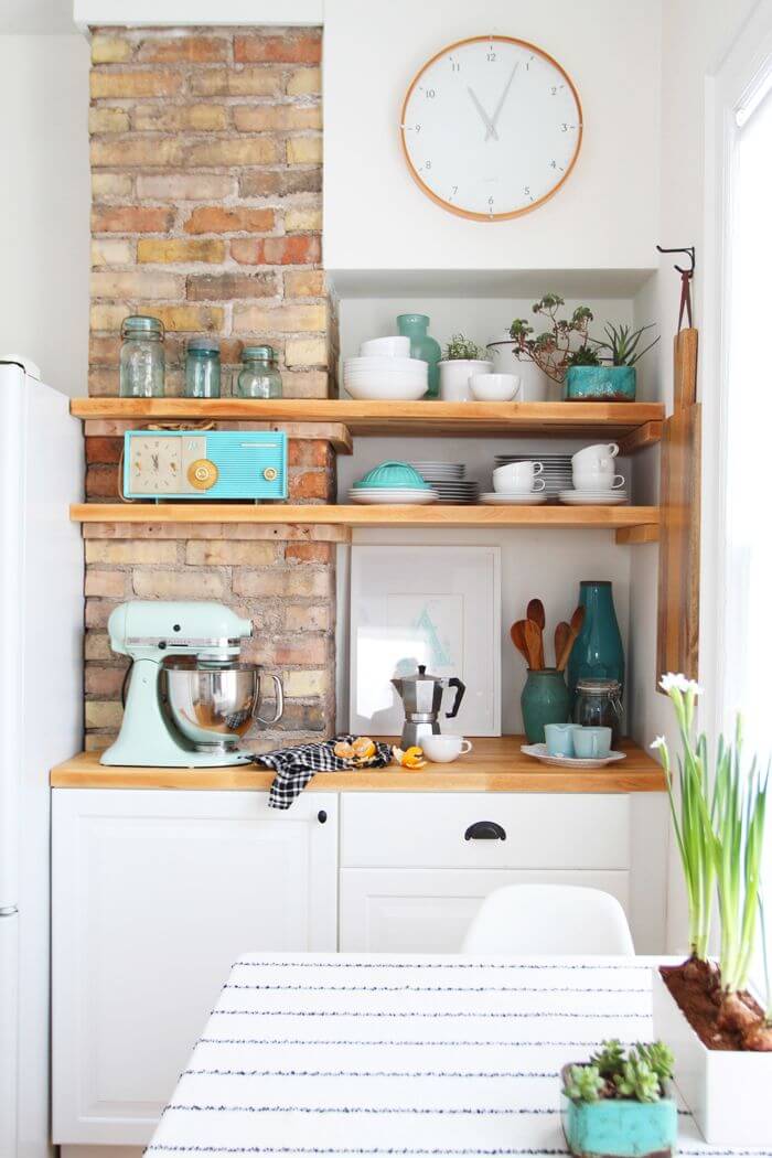 Aqua Accents Exposed Brick Cottage Kitchen