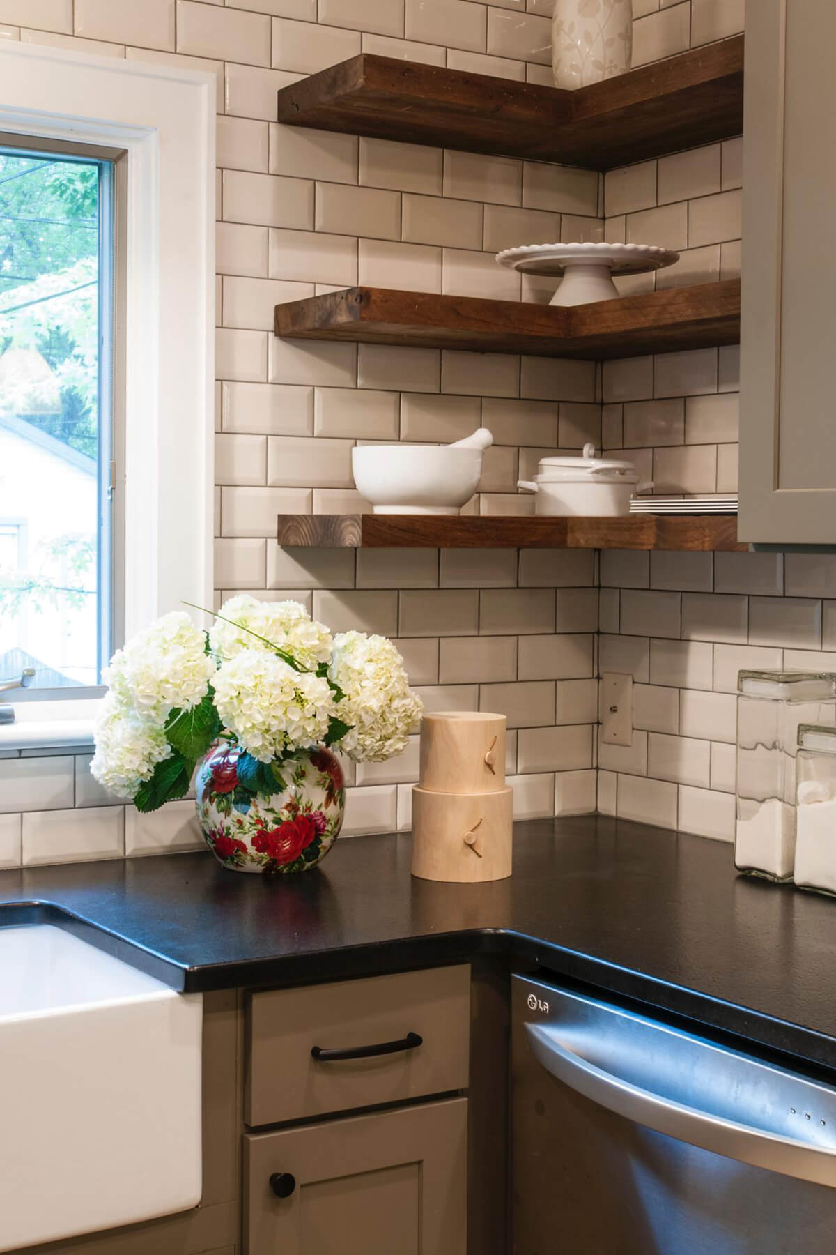 Black, White, Woodsy Minimalist Cottage Kitchen