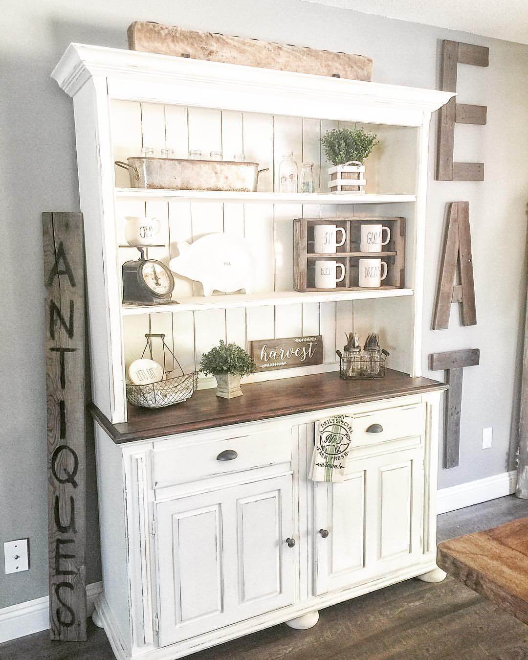 Classic Whitewashed Country Kitchen Hutch