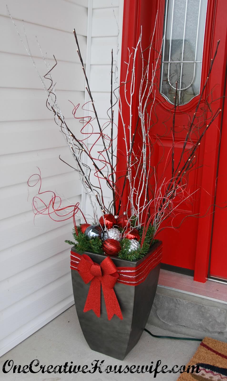 Glittery Branch, Ornament, and Bow Planter