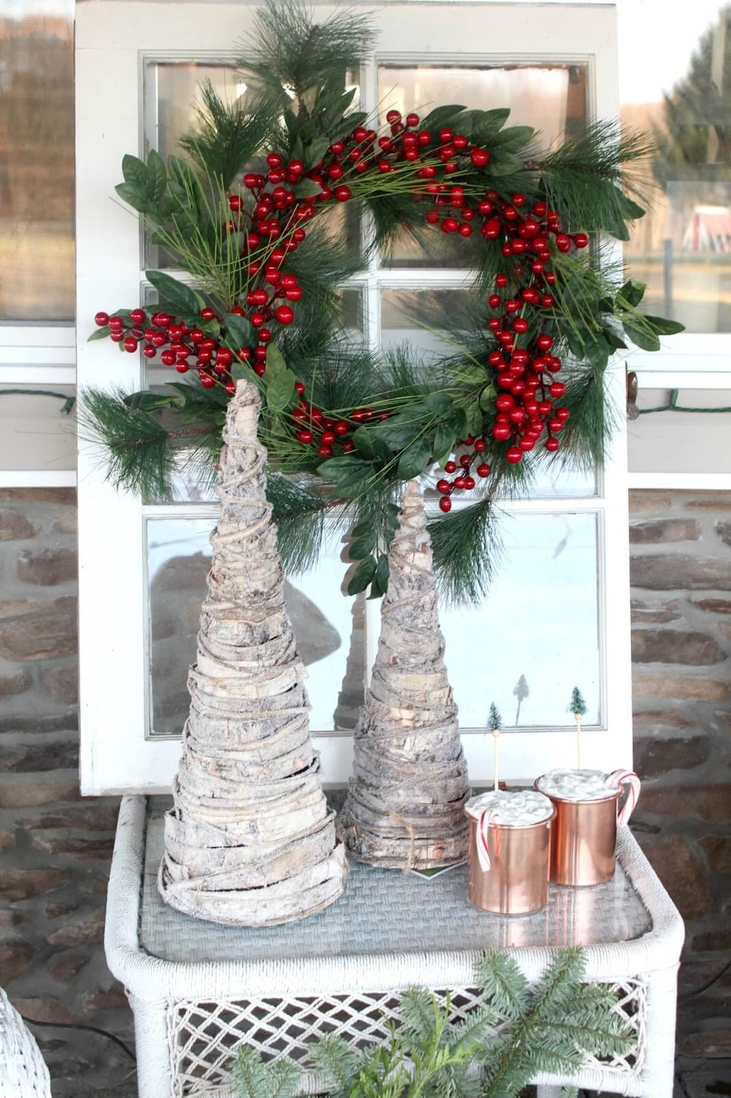 Antique Window With Holiday Wreath Porch Display