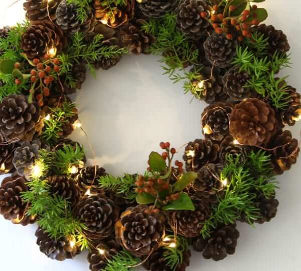 Natural Pinecone Wreath With A Touch Of Christmas Green