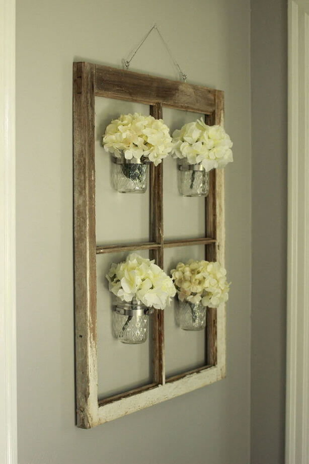 Quaint Mason Jar Window Frame Decor