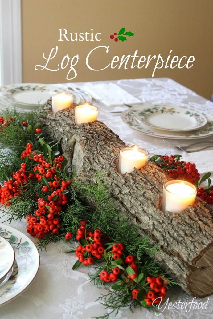 Rustic Log Centerpiece With Candles