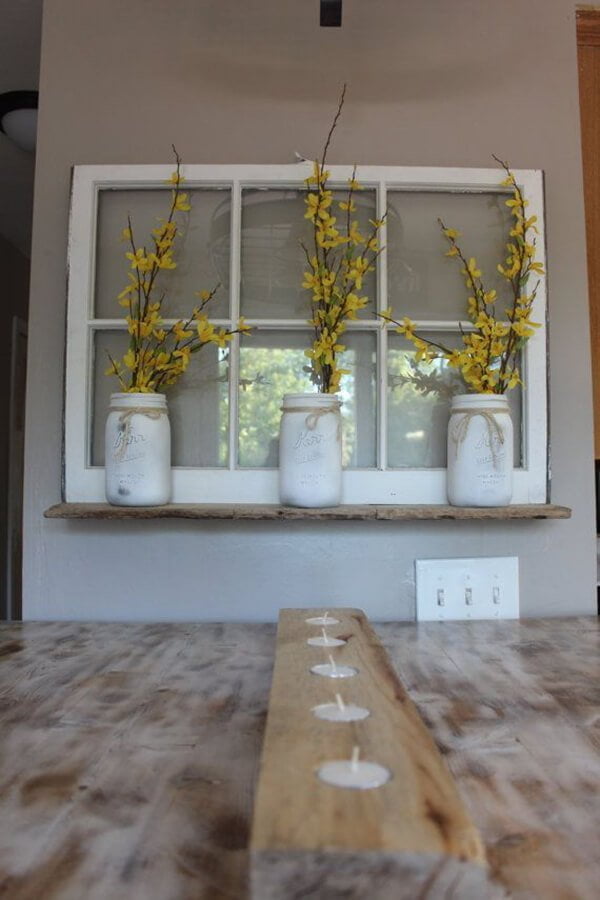  Vintage Window Whitewashed Mason Jar Wall Decor