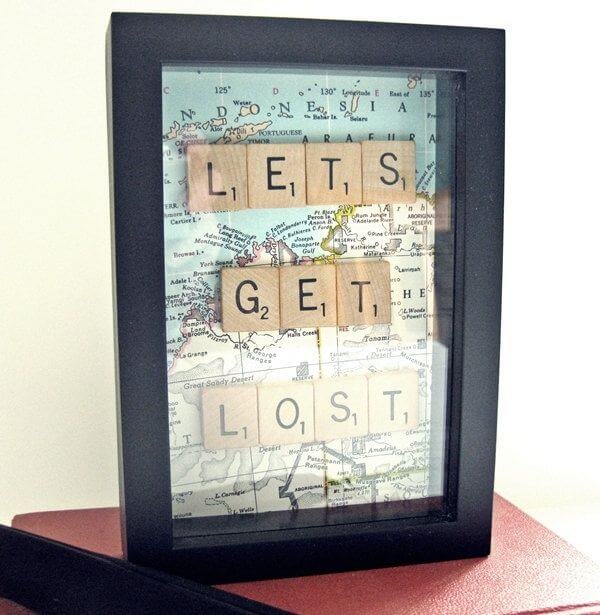Map and Scrabble Letters Shadow Box