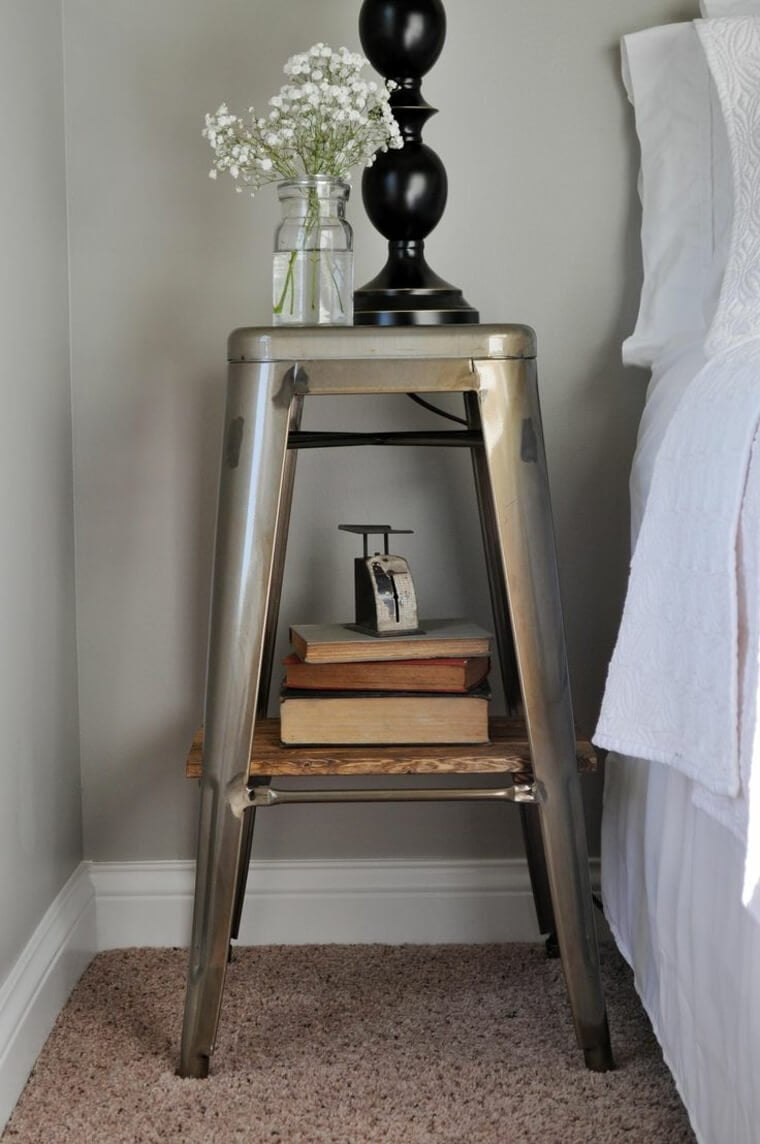 Utilitarian Gray Metal Barstool Nightstand