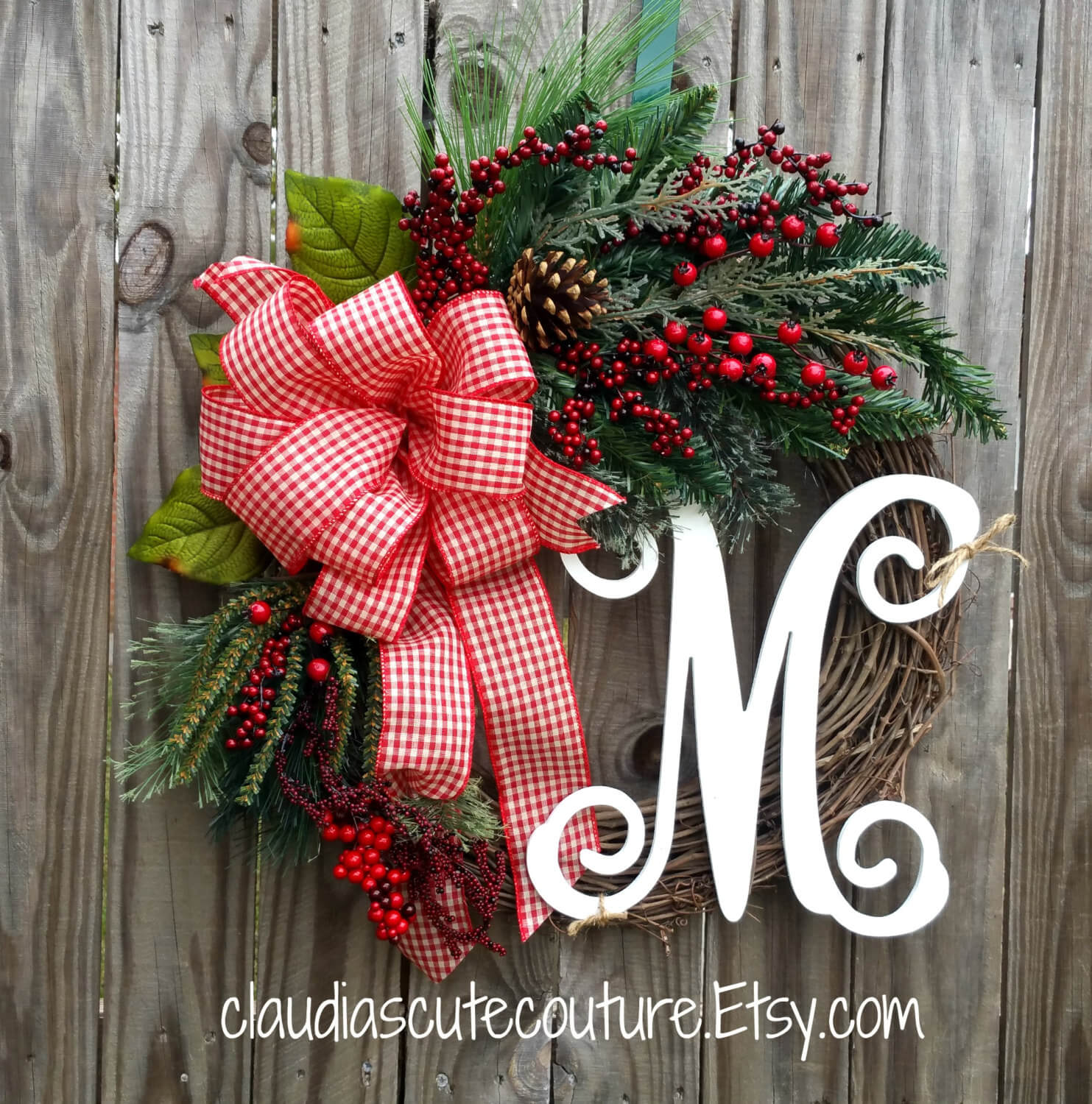 Country Christmas Gingham Grapevine Wreath