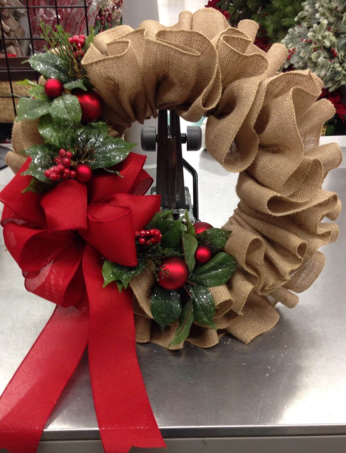 Ruffled Burlap and Red Ribbon Wreath