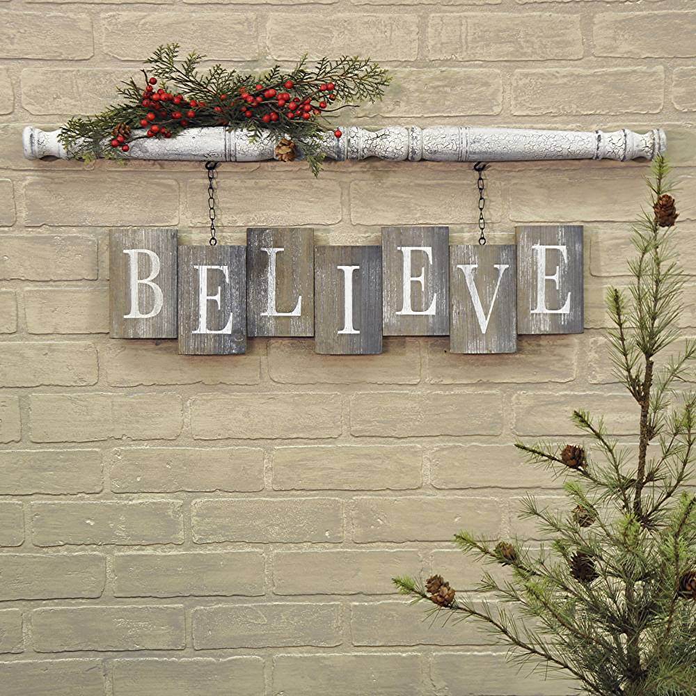 Believe Wood Tile and Chain Wall Decor