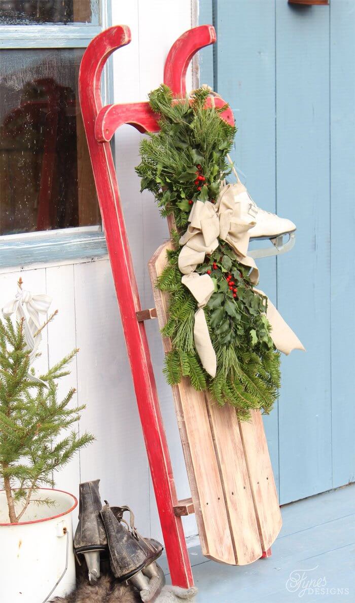 Wood Toboggan and Bunched Wreath Display