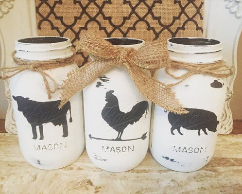 Stenciled Barnyard Mason Jar Art