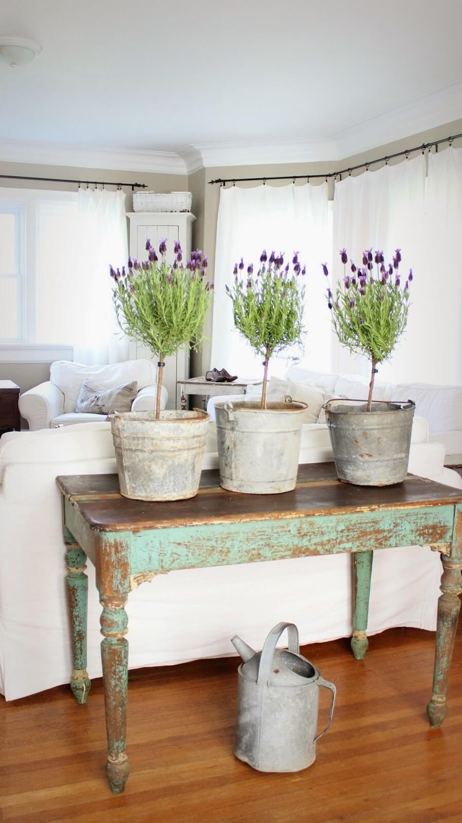 Milk Paint Sofa Table with Potted Lavender