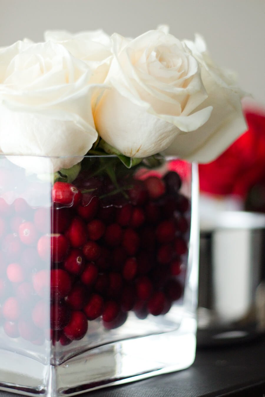 White Roses, Red Berries, Crystal Cubes